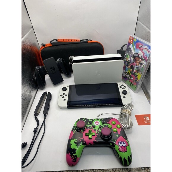 Nintendo Switch White OLED W Splatoon, Case Dock Controller Straps Grip Complete - Picture 1 of 4
